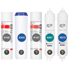 S713 - Полный комплект картриджей (K100, K205, K101, K875, K867) для фильтров обратного осмоса серии Praktic Osmos OU500 / OU400, фото 