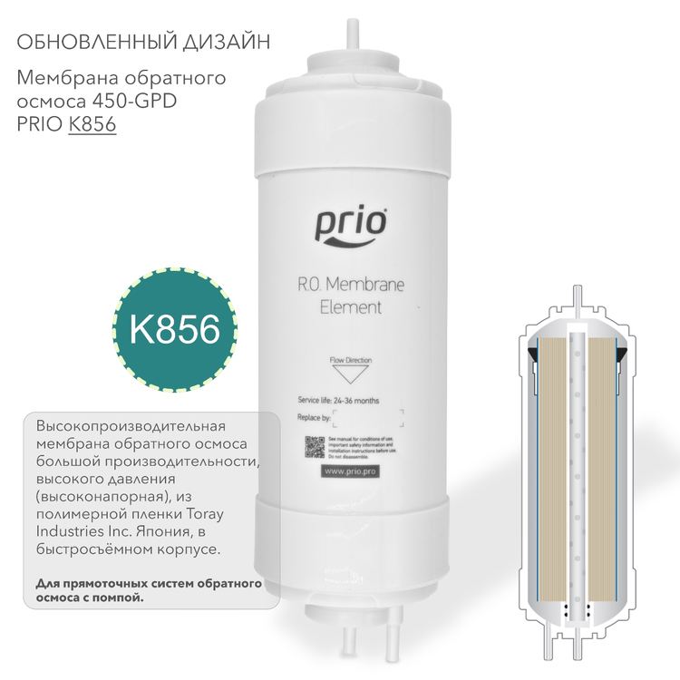 Prio Новая Вода K856  - мембрана обратного осмоса  высокого давления, для прямоточных систем с помпой, фото 