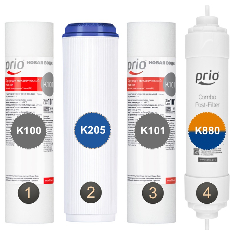 S710 - Комплект картриджей Новая Вода (K100, K205, K101, K880)для фильтров обратного осмоса серии Praktic Osmos OU510 / OU600 / OUD600, фото 