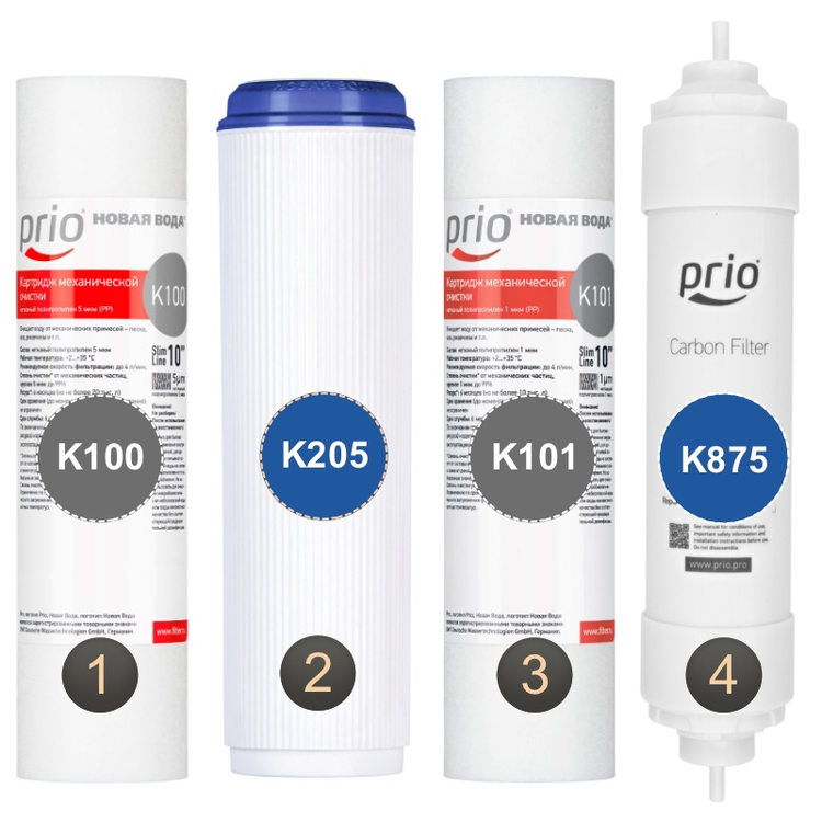S711 - Комплект картриджей Новая Вода (K100, K205, K101, K875)для фильтров обратного осмоса серии Praktic Osmos OU500 / OU400, фото 